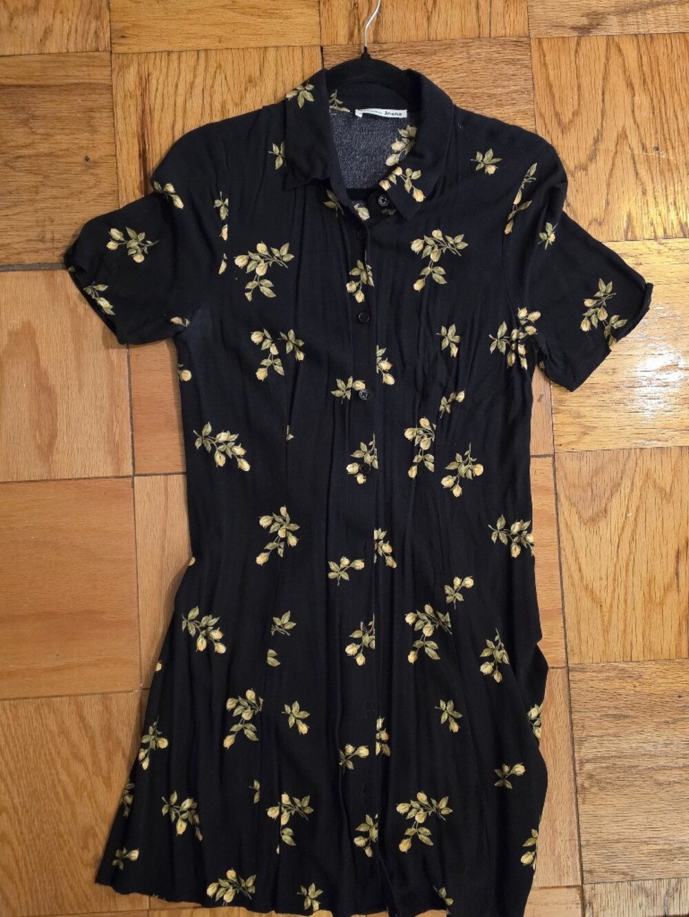 Reformation Black Short-Sleeve Midi Dress with Yellow Floral Print | LARGE